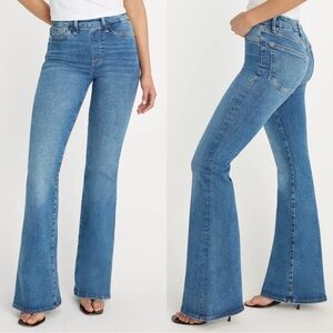 Good American Power Stretch Pull On Flare Jeans High Rise 70s Boho Bell Bottoms
